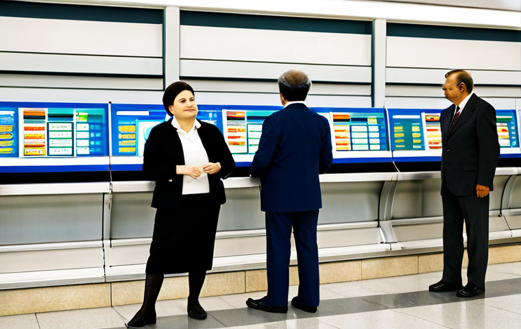 A professional female traveler, fully clothed in modest business casual attire, stands at an immigration counter in the clean, well-lit interior of Dushanbe International Airport. The architecture features a unique blend of Soviet-era functionalism with modern, clean lines. In the background, other diverse, fully clothed travelers are calmly proceeding through immigration, using digital kiosks, or accessing ATMs and mobile network stores. The scene conveys a sense of organized efficiency and a welcoming atmosphere, with perfect anatomy, correct proportions, well-formed hands, proper finger count, and natural body proportions. This is a safe for work, appropriate content, family-friendly, professional image.