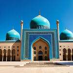 Home 14 A magnificent Central Asian architectural complex, a grand madrasa or mosque, under a brilliant clear sky. Dominated by striking turquoise and cobalt blue domes. Facades adorned with incredibly intricate ceramic mosaics featuring complex geometric and calligraphic patterns. Grand, symmetrical arched portals and sturdy, ancient brickwork. The scene is bathed in warm sunlight, with a sense of arid landscape in the distant background. Professional architectural photography, epic scale, high detail, rich textures, volumetric lighting, photorealistic, perfect anatomy, correct proportions, natural pose, safe for work, appropriate content, family-friendly, fully clothed, modest clothing.