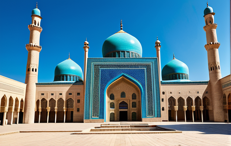 A magnificent Central Asian architectural complex, a grand madrasa or mosque, under a brilliant clear sky. Dominated by striking turquoise and cobalt blue domes. Facades adorned with incredibly intricate ceramic mosaics featuring complex geometric and calligraphic patterns. Grand, symmetrical arched portals and sturdy, ancient brickwork. The scene is bathed in warm sunlight, with a sense of arid landscape in the distant background. Professional architectural photography, epic scale, high detail, rich textures, volumetric lighting, photorealistic, perfect anatomy, correct proportions, natural pose, safe for work, appropriate content, family-friendly, fully clothed, modest clothing.