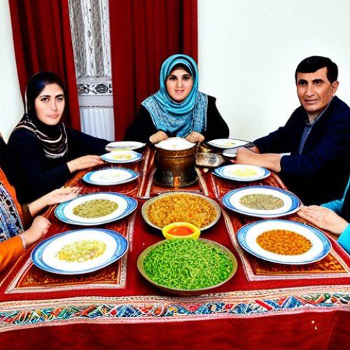 Home 25 Plov Feast**
"A large communal table laden with Plov, a traditional Tajik rice dish, surrounded by a family fully clothed in modest, vibrant clothing, safe for work, appropriate content. The setting is a traditional Tajik home with colorful carpets and cushions. Perfect anatomy, correct proportions, natural pose, well-formed hands, proper finger count, natural body proportions, professional photography, high quality."
**