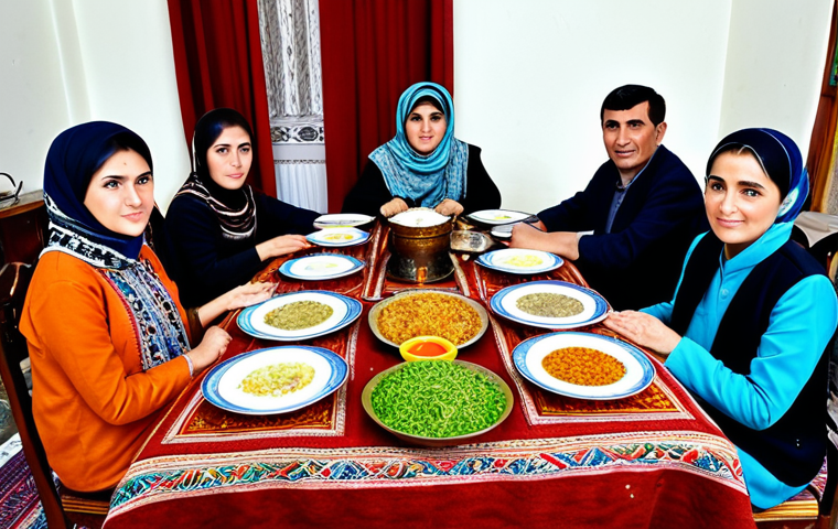 Plov Feast**

"A large communal table laden with Plov, a traditional Tajik rice dish, surrounded by a family fully clothed in modest, vibrant clothing, safe for work, appropriate content. The setting is a traditional Tajik home with colorful carpets and cushions. Perfect anatomy, correct proportions, natural pose, well-formed hands, proper finger count, natural body proportions, professional photography, high quality."

**