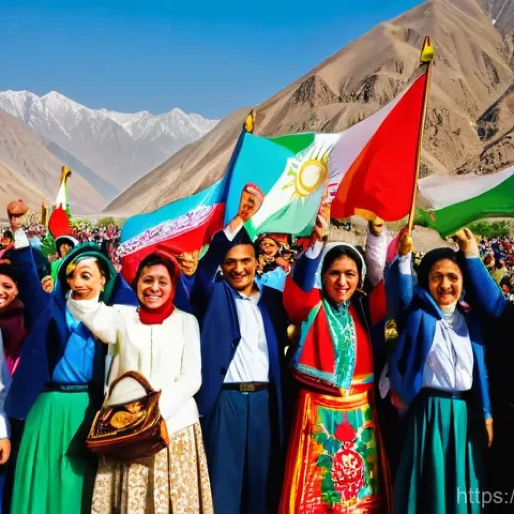 타지키스탄의 독립 과정 - The central square is bustling with jubilant crowds, diverse faces reflecting hope and pride, many d...
