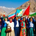 Home 12 타지키스탄의 독립 과정 - The central square is bustling with jubilant crowds, diverse faces reflecting hope and pride, many d...