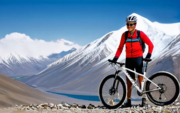 타지키스탄 산악 자전거 투어 - **Prompt: Summiting the Roof of the World**
    "A lone male or female mountain biker, seen from a s...