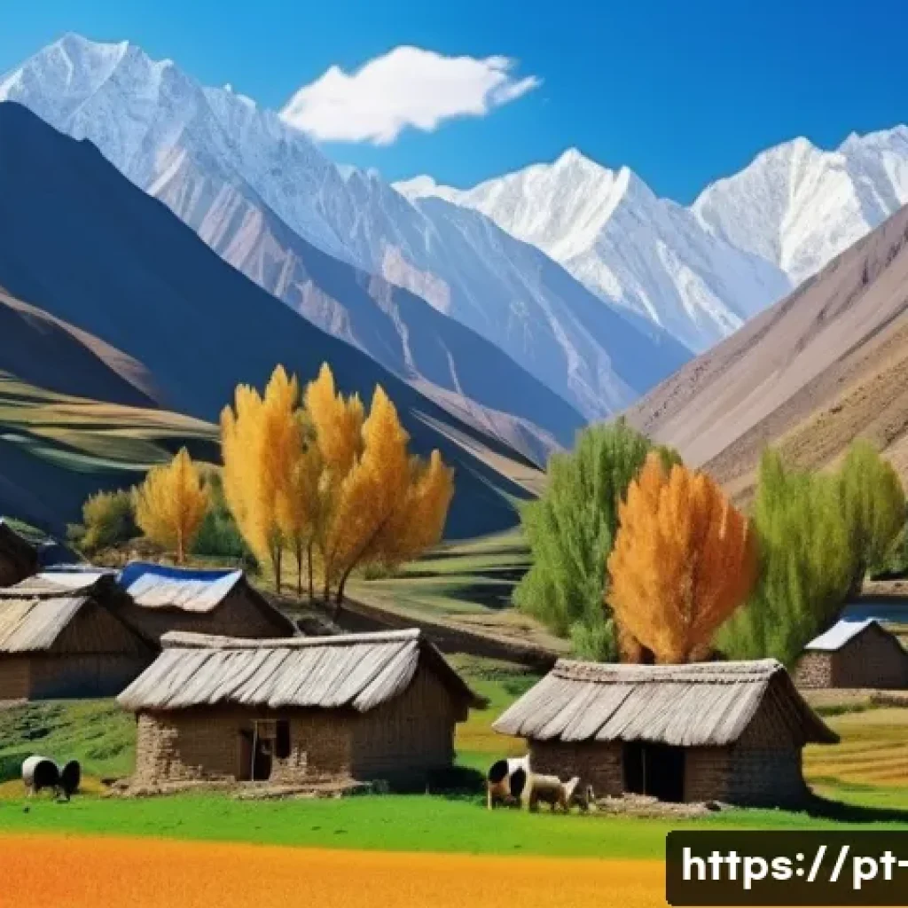 타지키스탄 사람들의 생활 방식 - A serene mountain village scene in Tajikistan during early autumn, featuring traditional houses with...