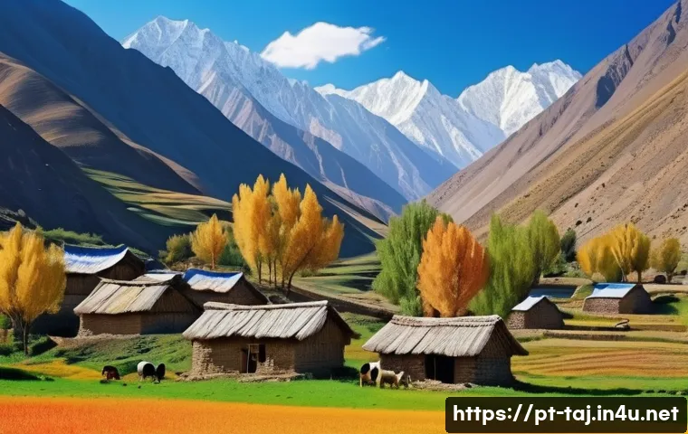 타지키스탄 사람들의 생활 방식 - A serene mountain village scene in Tajikistan during early autumn, featuring traditional houses with...