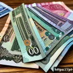 타지키스탄에서의 환전 팁 - A detailed close-up of various Tajikistani somoni banknotes spread out on a wooden table, showing de...