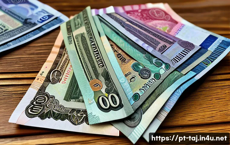 타지키스탄에서의 환전 팁 - A detailed close-up of various Tajikistani somoni banknotes spread out on a wooden table, showing de...