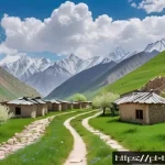 타지키스탄 기후와 계절별 여행 - A vibrant spring scene in Tajikistan’s Pamir Mountains featuring lush green valleys dotted with bloo...