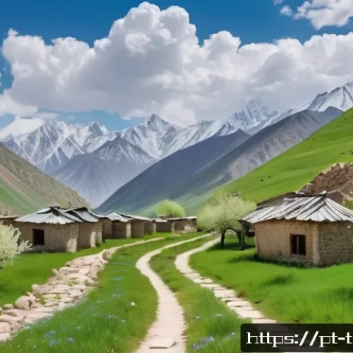 타지키스탄 기후와 계절별 여행 - A vibrant spring scene in Tajikistan’s Pamir Mountains featuring lush green valleys dotted with bloo...