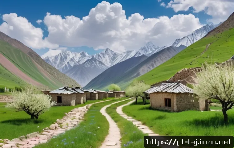 타지키스탄 기후와 계절별 여행 - A vibrant spring scene in Tajikistan’s Pamir Mountains featuring lush green valleys dotted with bloo...